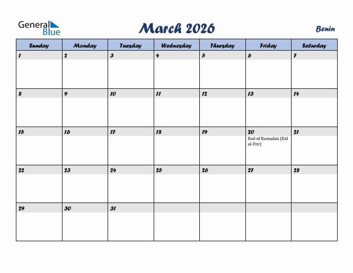 March 2026 Calendar with Holidays in Benin