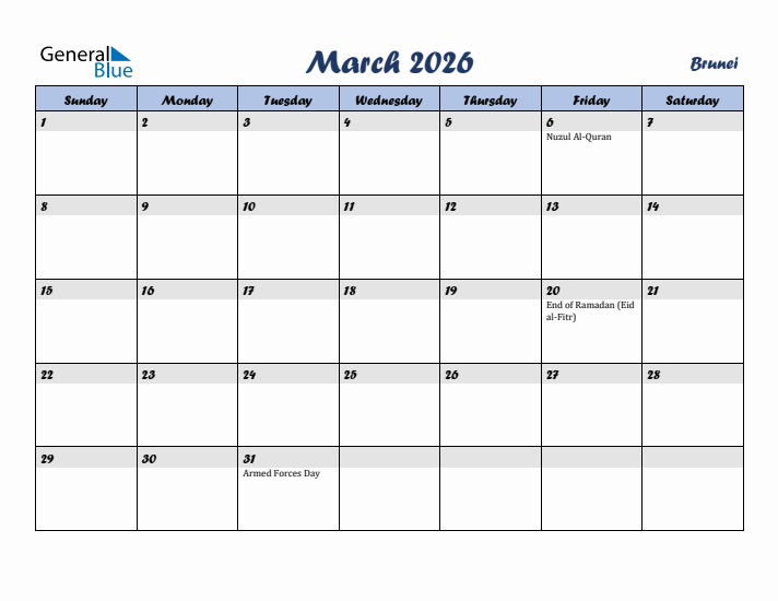 March 2026 Calendar with Holidays in Brunei