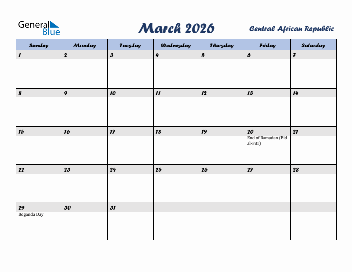 March 2026 Calendar with Holidays in Central African Republic