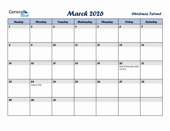 March 2026 Calendar with Holidays in Christmas Island