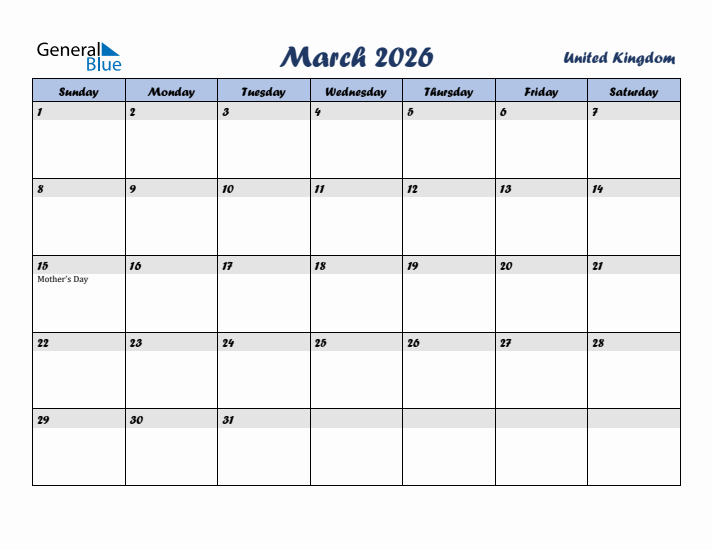 March 2026 Calendar with Holidays in United Kingdom