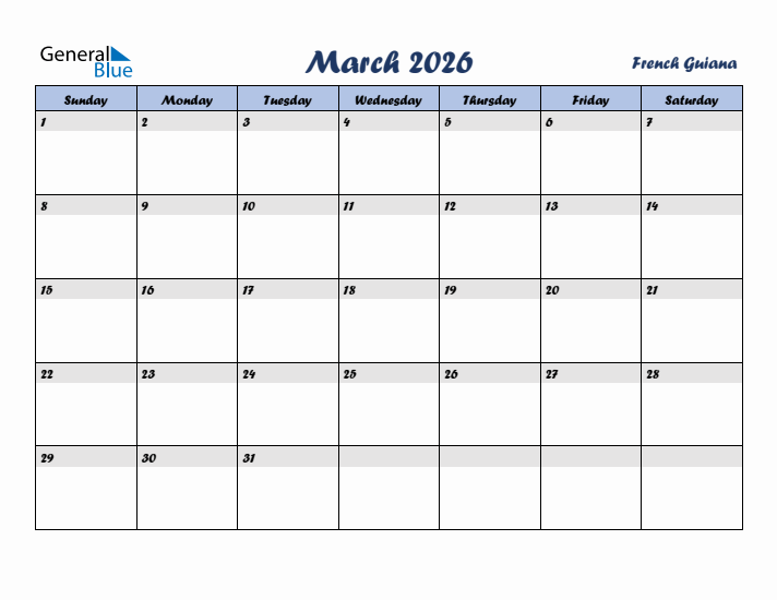 March 2026 Calendar with Holidays in French Guiana