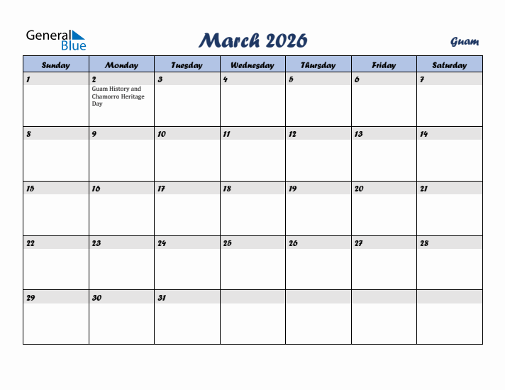 March 2026 Calendar with Holidays in Guam