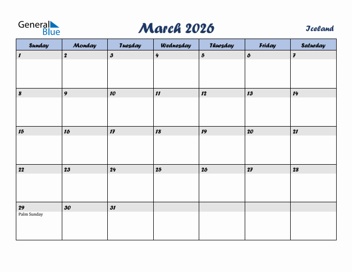 March 2026 Calendar with Holidays in Iceland