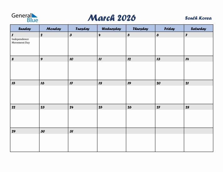 March 2026 Calendar with Holidays in South Korea