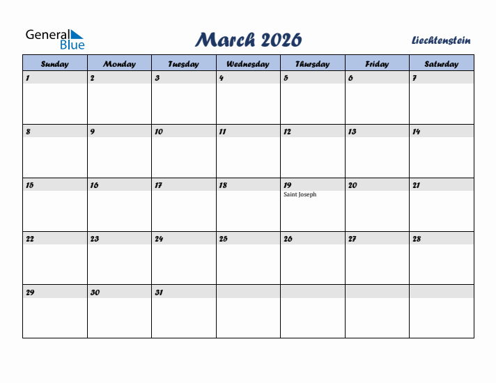 March 2026 Calendar with Holidays in Liechtenstein