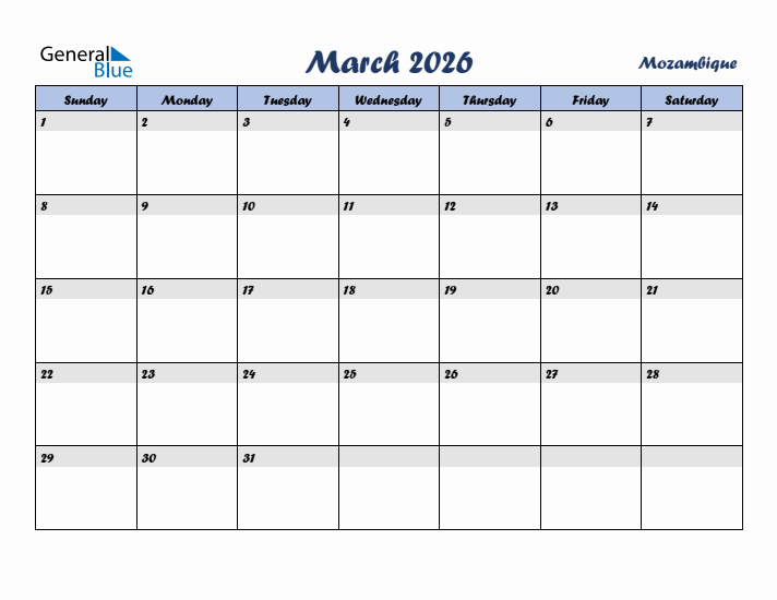 March 2026 Calendar with Holidays in Mozambique