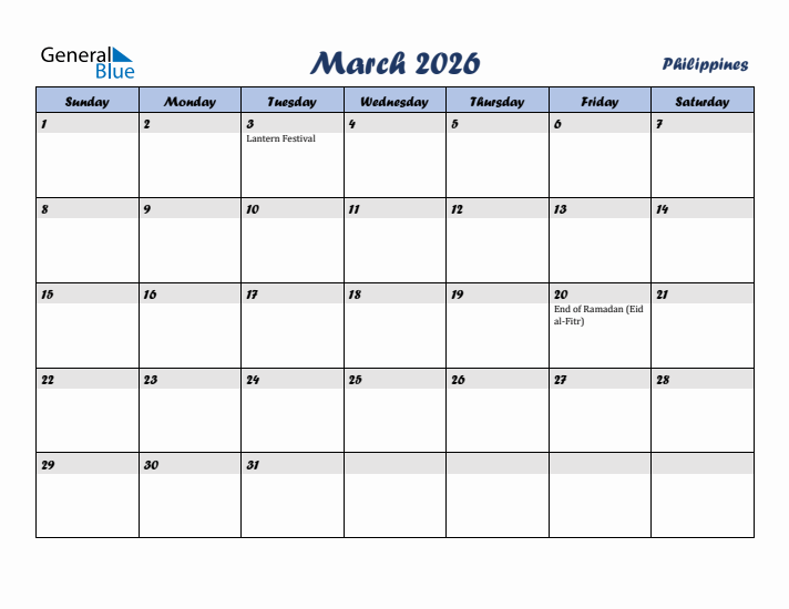 March 2026 Calendar with Holidays in Philippines