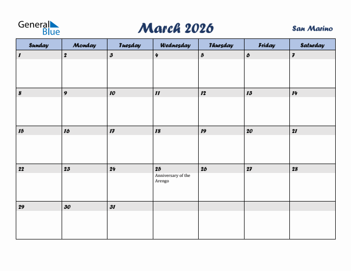 March 2026 Calendar with Holidays in San Marino