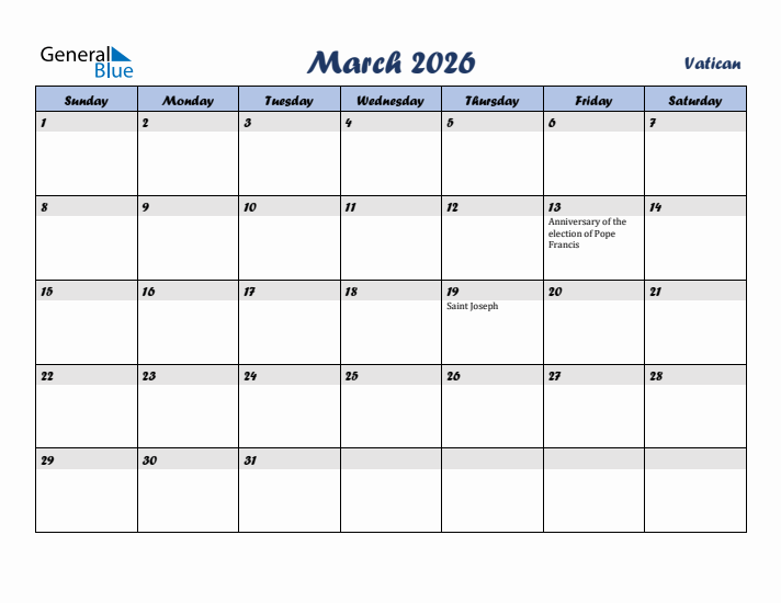 March 2026 Calendar with Holidays in Vatican