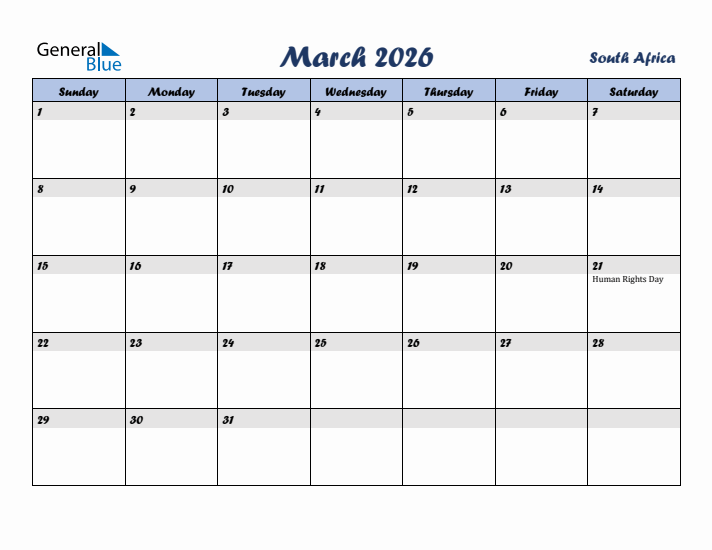 March 2026 Calendar with Holidays in South Africa