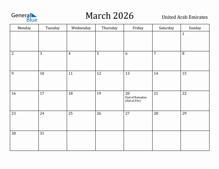 March 2026 Calendar United Arab Emirates