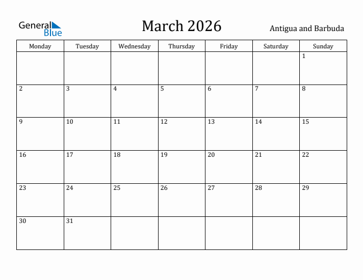 March 2026 Calendar Antigua and Barbuda