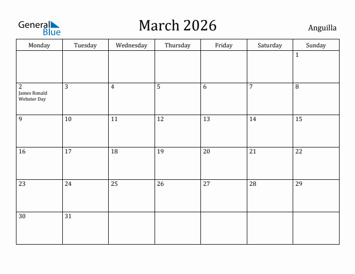 March 2026 Calendar Anguilla