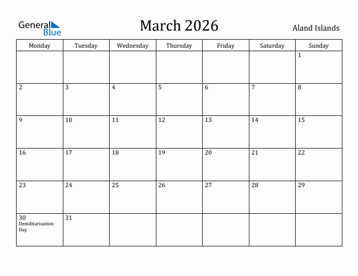 March 2026 Calendar Aland Islands