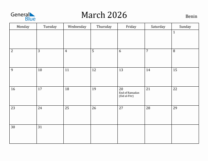 March 2026 Calendar Benin