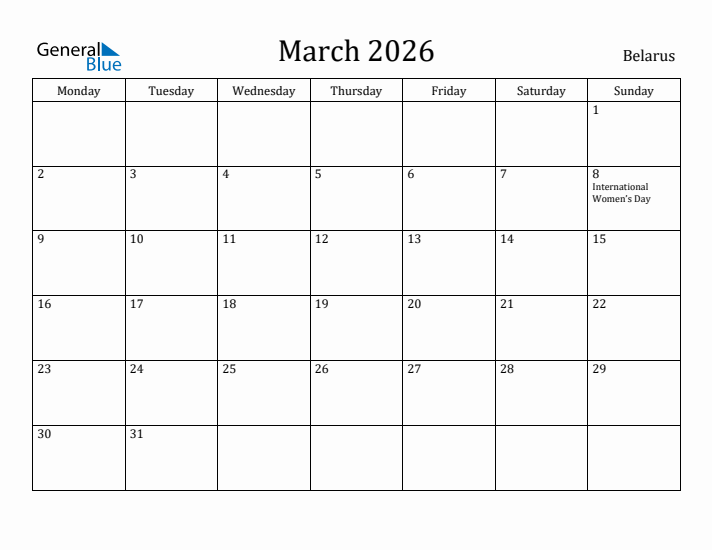 March 2026 Calendar Belarus