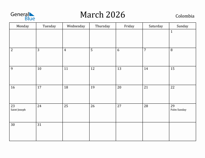 March 2026 Calendar Colombia