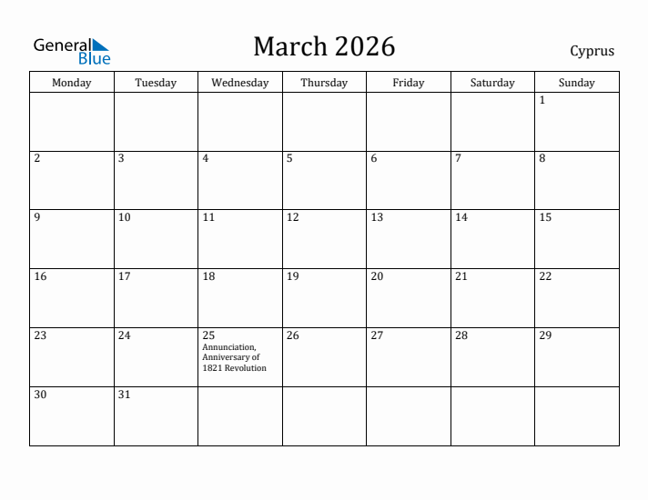 March 2026 Calendar Cyprus