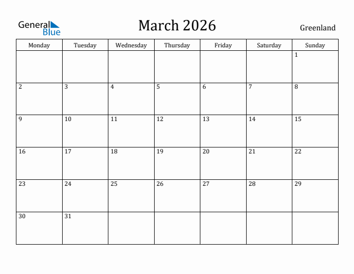 March 2026 Calendar Greenland