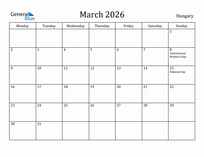 March 2026 Calendar Hungary