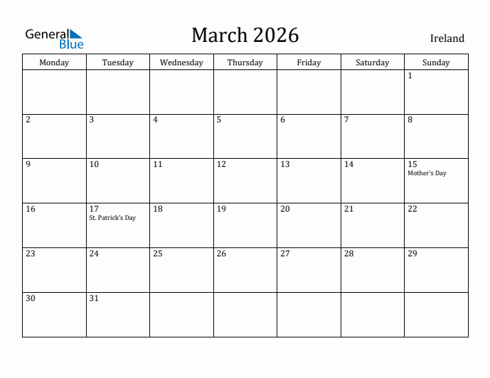 March 2026 Calendar Ireland