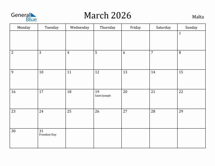 March 2026 Calendar Malta