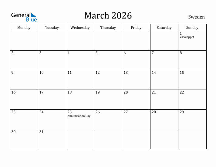 March 2026 Calendar Sweden