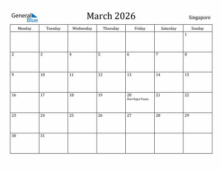 March 2026 Calendar Singapore