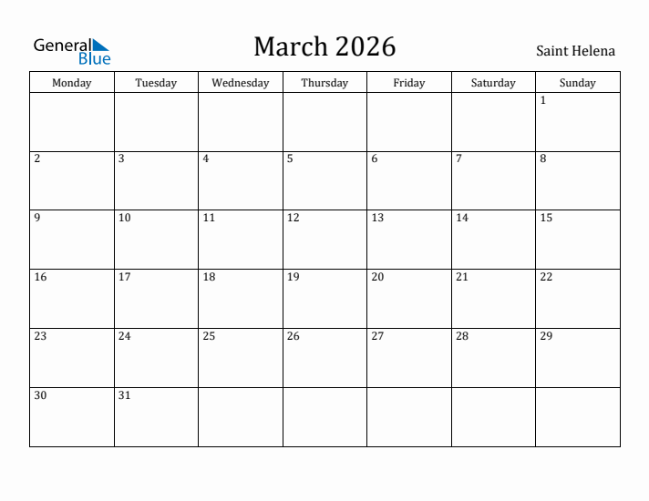 March 2026 Calendar Saint Helena