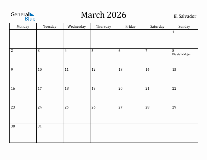 March 2026 Calendar El Salvador