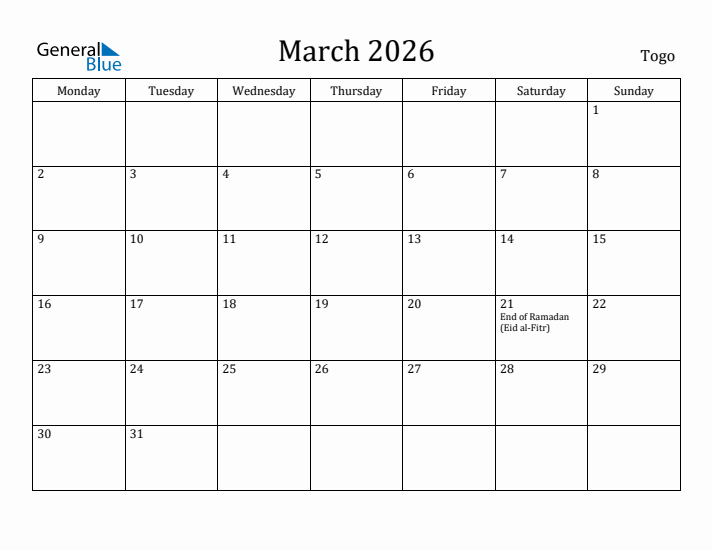 March 2026 Calendar Togo