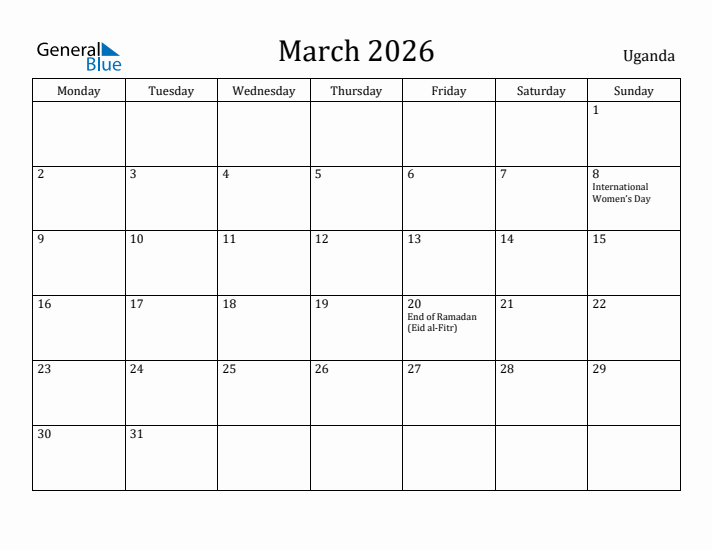 March 2026 Calendar Uganda