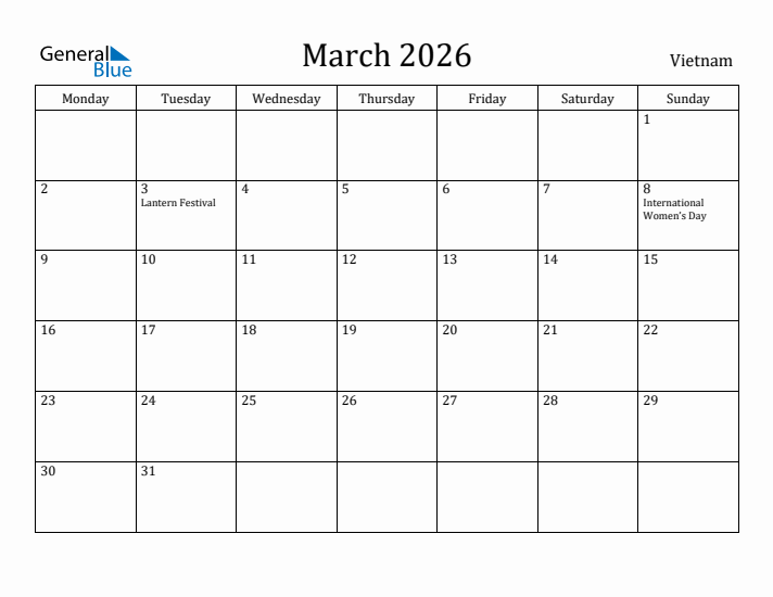 March 2026 Calendar Vietnam