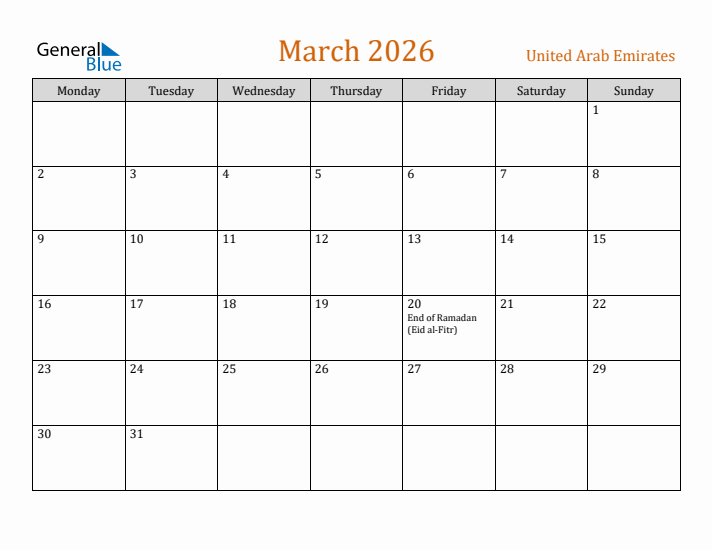 March 2026 Holiday Calendar with Monday Start