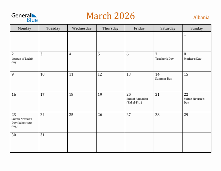 March 2026 Holiday Calendar with Monday Start