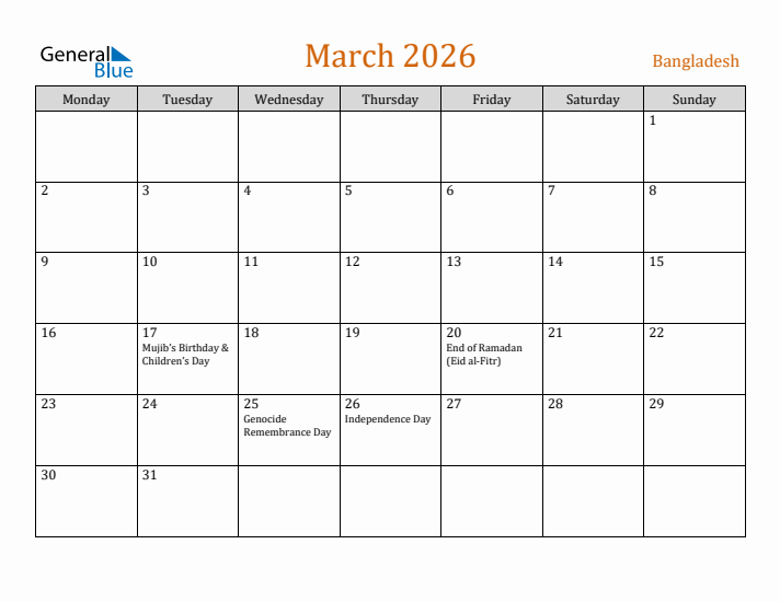 March 2026 Holiday Calendar with Monday Start