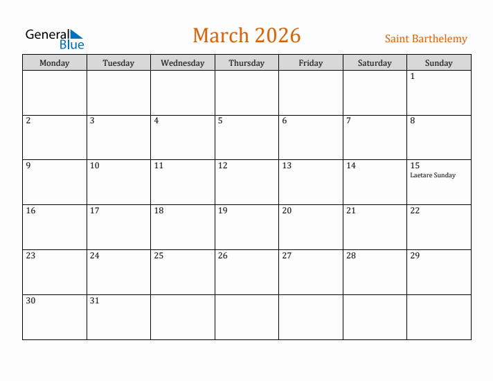 March 2026 Holiday Calendar with Monday Start