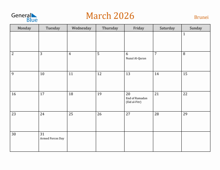 March 2026 Holiday Calendar with Monday Start