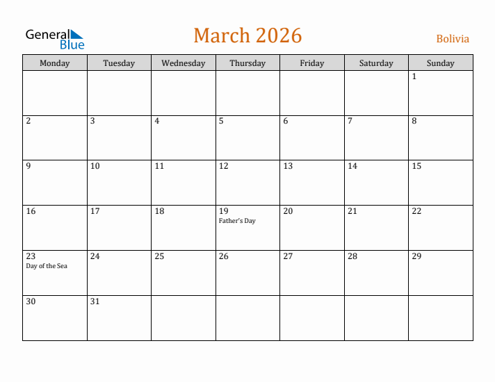 March 2026 Holiday Calendar with Monday Start