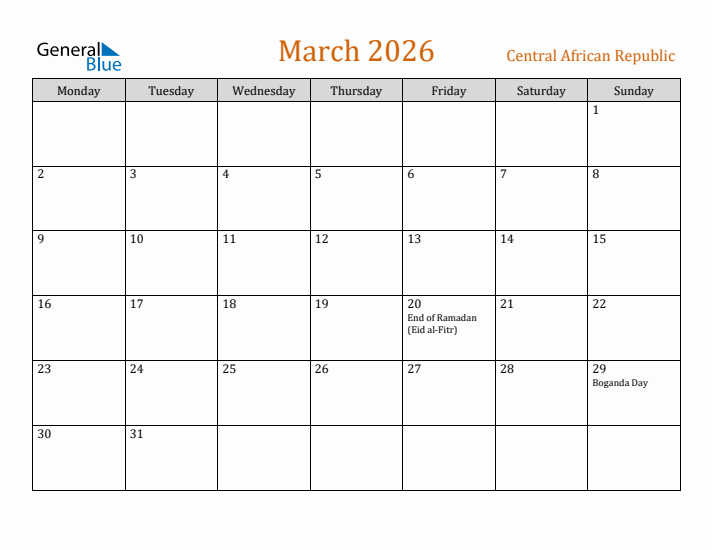 March 2026 Holiday Calendar with Monday Start