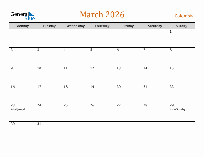 March 2026 Holiday Calendar with Monday Start