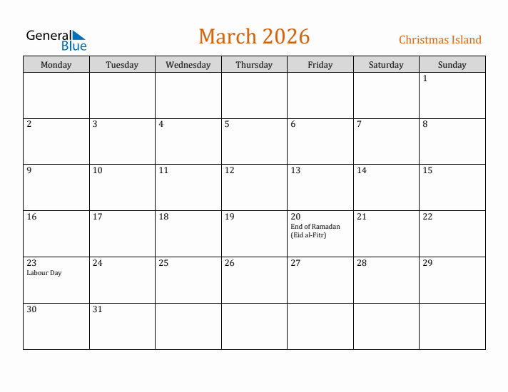 March 2026 Holiday Calendar with Monday Start