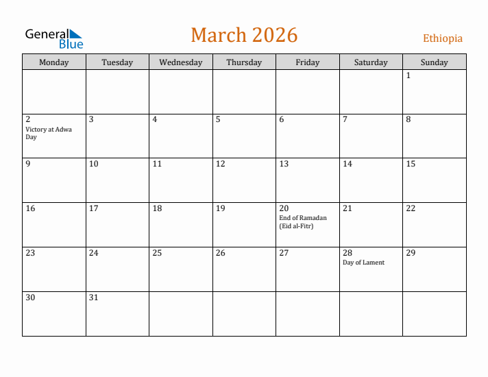 March 2026 Holiday Calendar with Monday Start