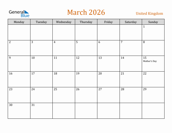 March 2026 Holiday Calendar with Monday Start