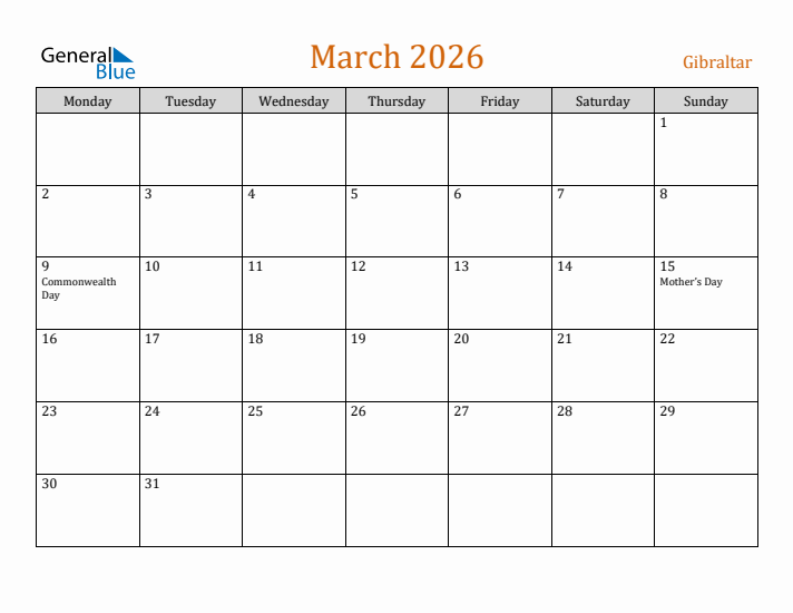 March 2026 Holiday Calendar with Monday Start