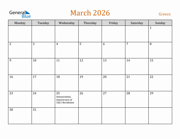 March 2026 Holiday Calendar with Monday Start