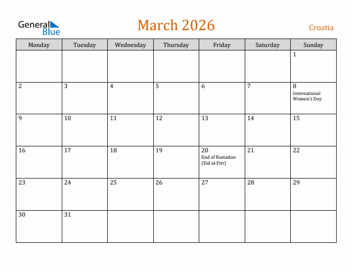 March 2026 Holiday Calendar with Monday Start