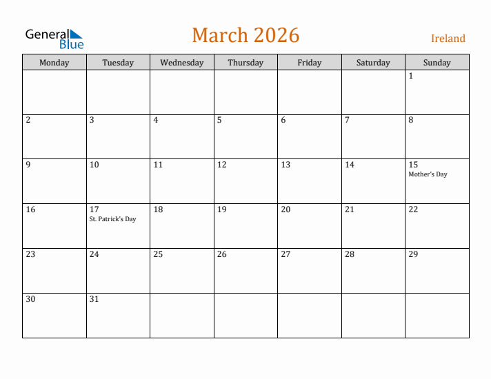 March 2026 Holiday Calendar with Monday Start