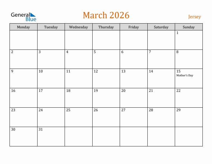 March 2026 Holiday Calendar with Monday Start